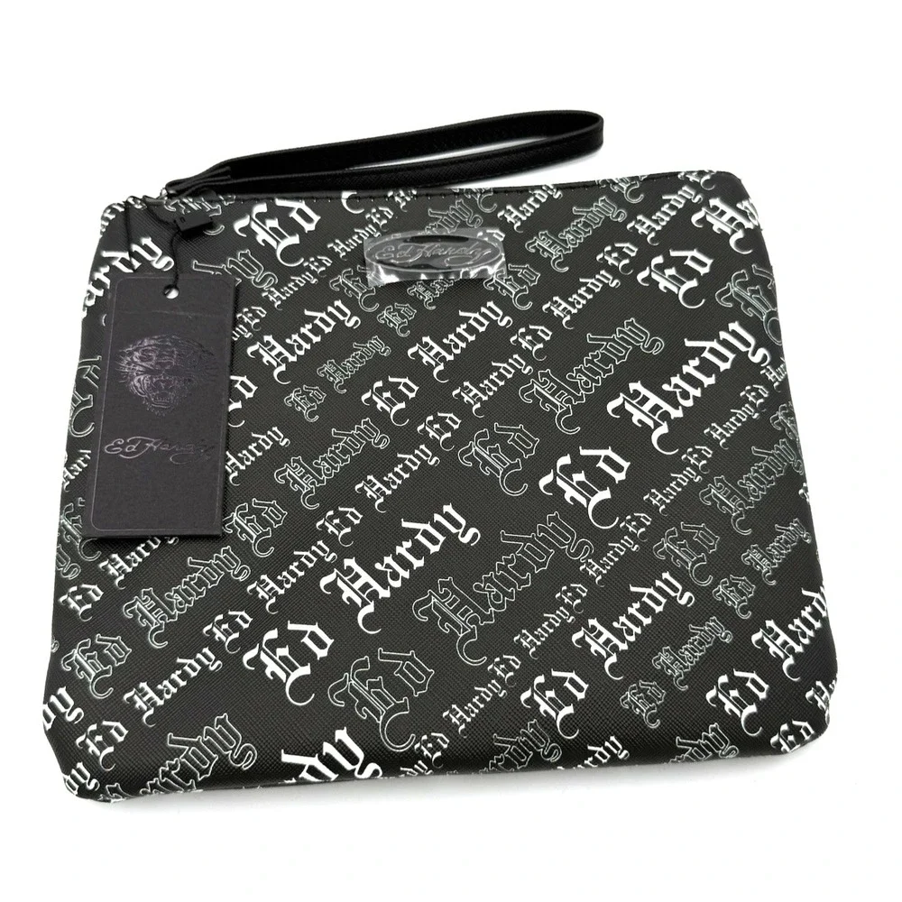 Ed‎ Hardy Logo Signature Wristlet Wallet Bag Black Y2K Black White Gothic NWT